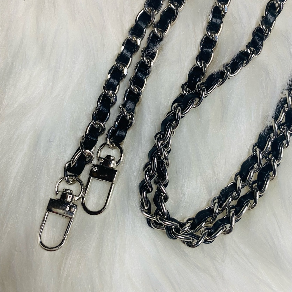 crossbody metal Chain Replacement strap silver black leather 48"
